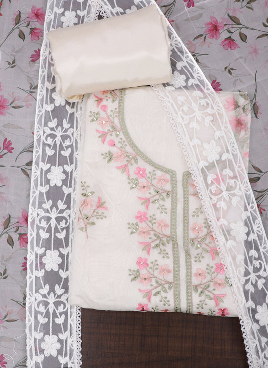 Tissue Embroidered Beige Unstitched Dress Material With Dupatta