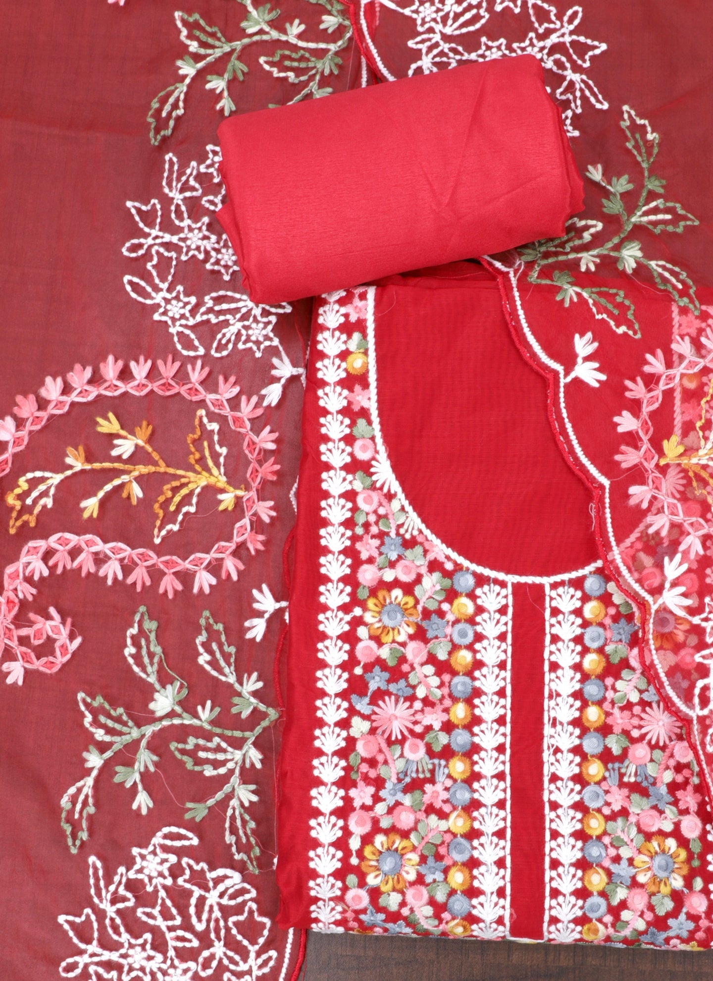 Red Embroidered Unstitched Dress Material