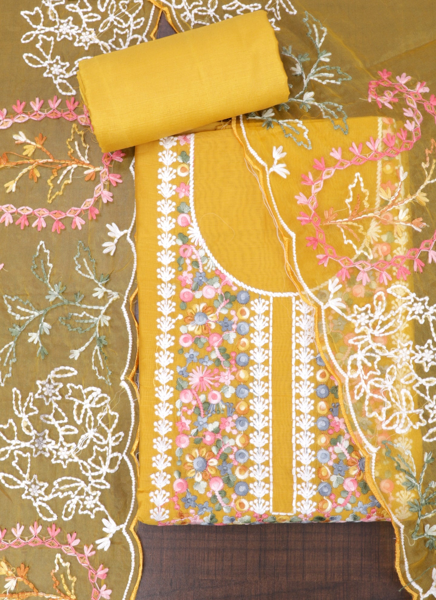 Mustard Embroidered Tissue Unstitched Dress Material