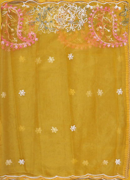 Mustard Embroidered Tissue Unstitched Dress Material