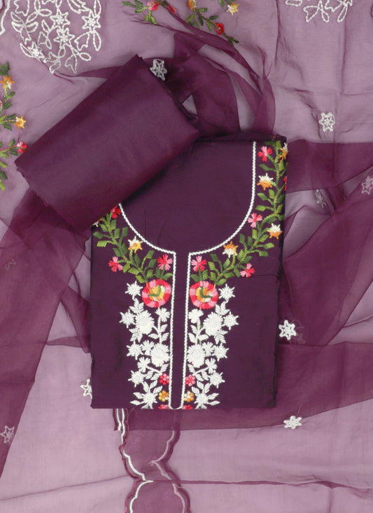 Tissue Embroidered Purple Unstitched Dress Material With Dupatta