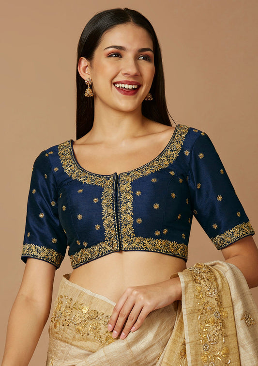 Navy Blue Silk Round Neck Readymade Blouse