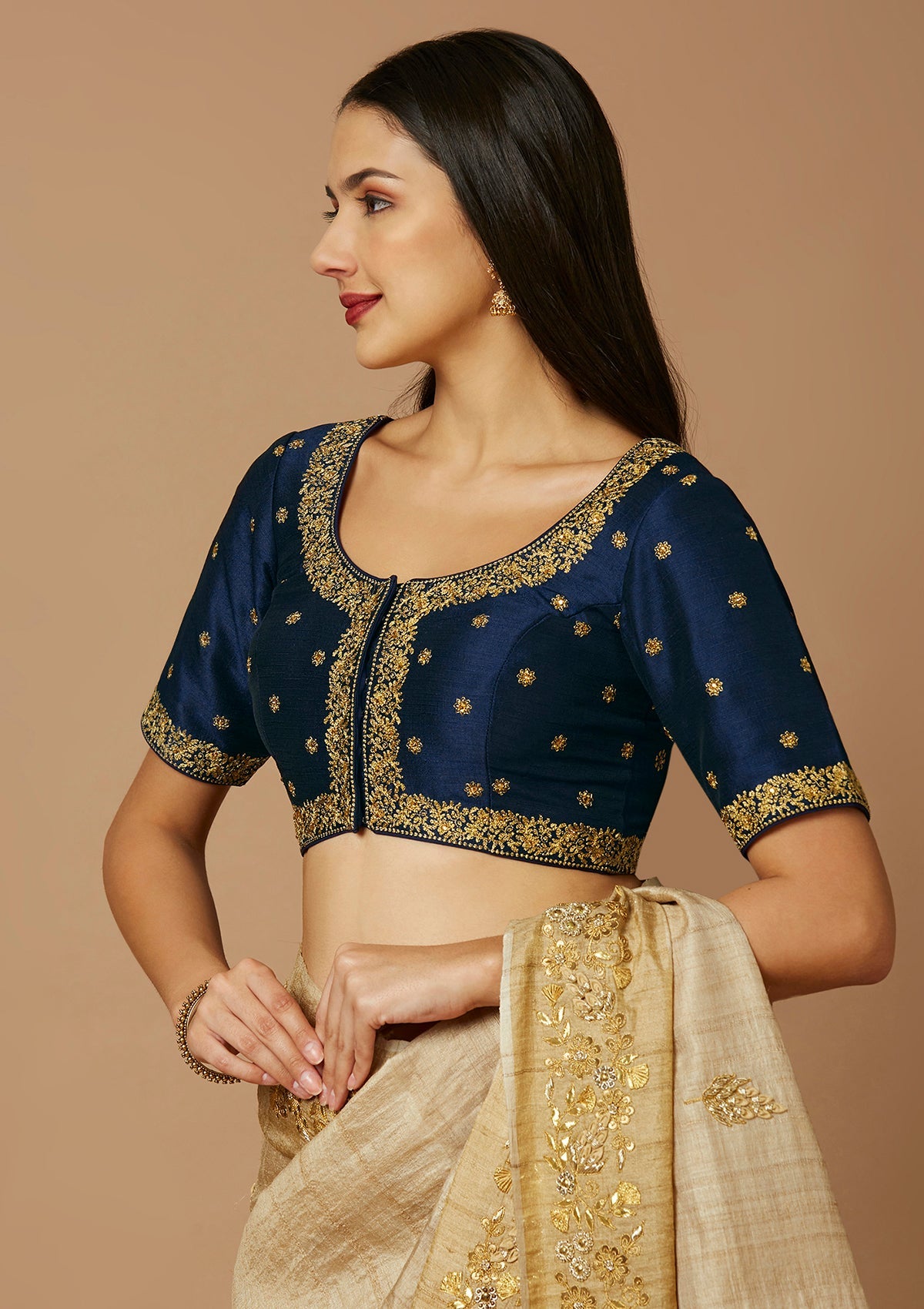 Navy Blue Embroidered Saree Blouse