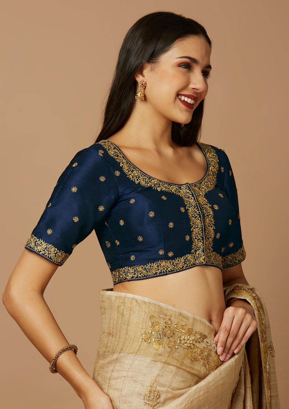 Navy Blue Silk Round Neck Readymade Blouse