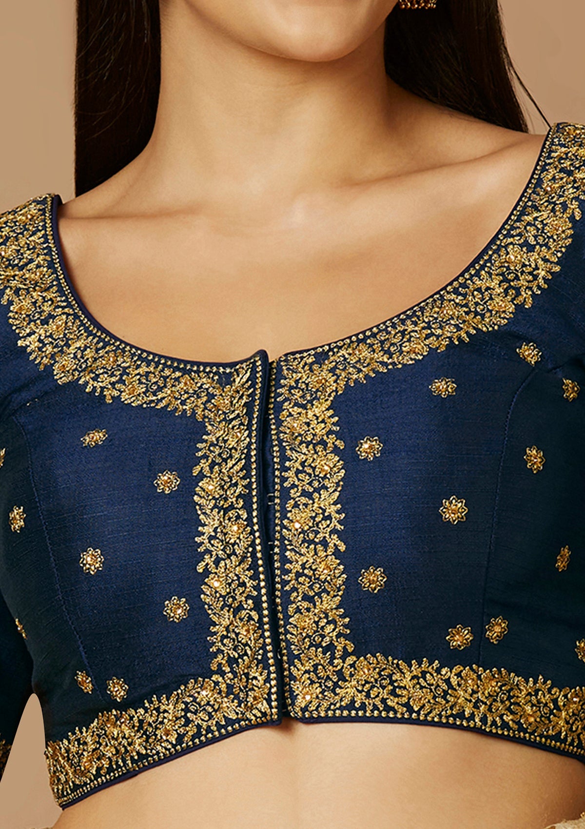 Navy Blue Silk Round Neck Readymade Blouse