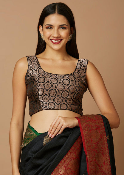 Black Brocade Sleeveless Readymade Blouse With Round Neck