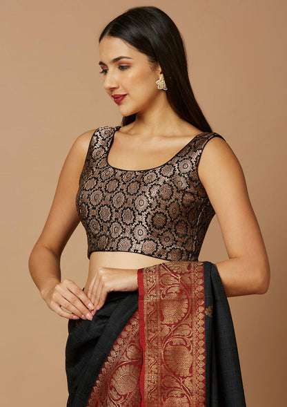 Black Brocade Sleeveless Readymade Blouse With Round Neck