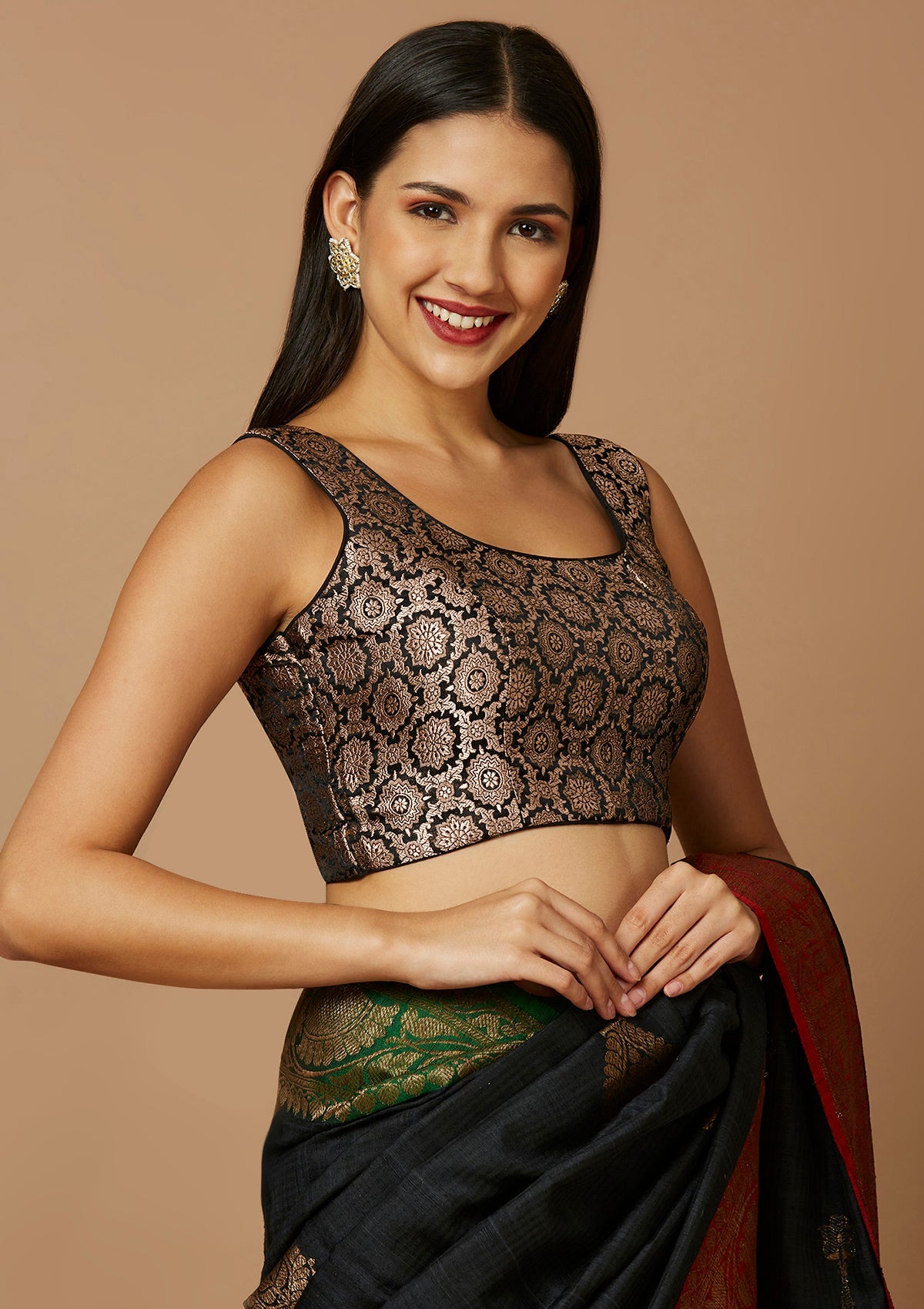 Black Brocade Sleeveless Readymade Blouse With Round Neck