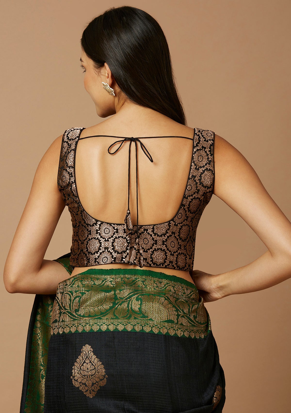 Black Brocade Sleeveless Readymade Blouse With Round Neck