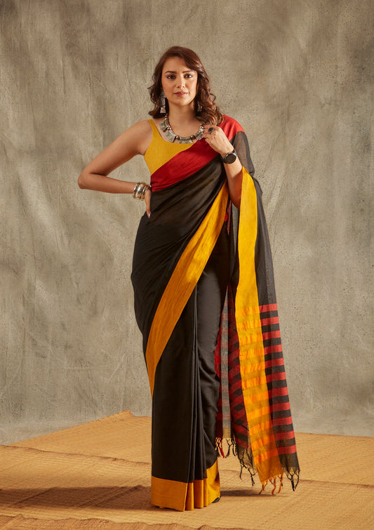 Black Solid Cotton Saree