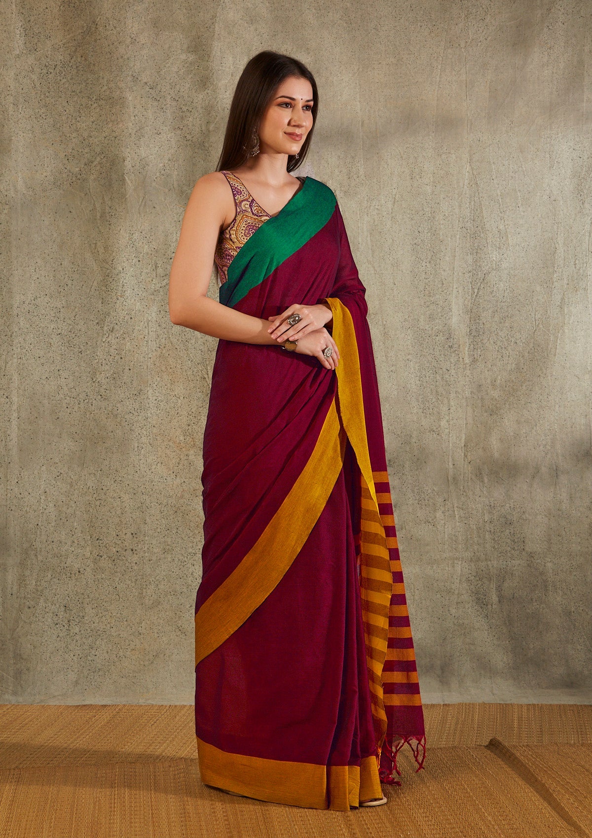 Maroon Cotton Solid Saree