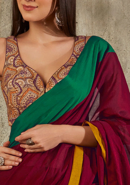 Maroon Cotton Solid Saree