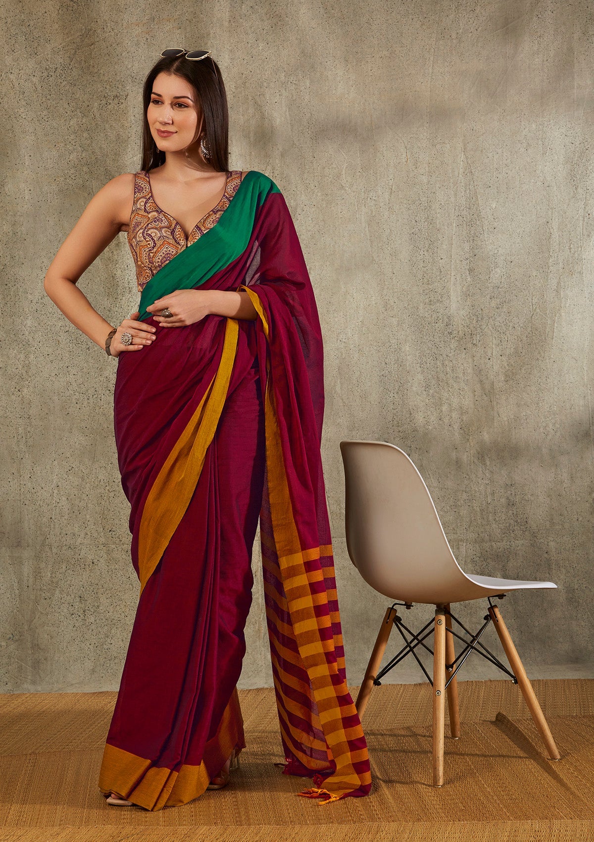 Maroon Cotton Solid Saree