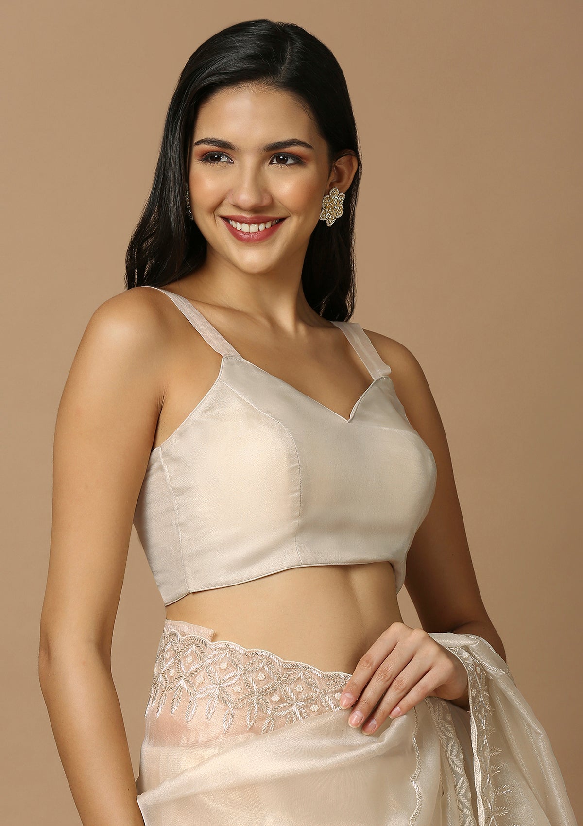 Off White Solid Saree Blouse