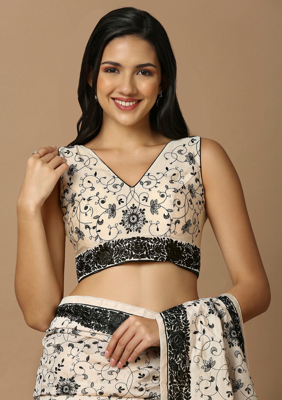 Off White & Black Embroidered Saree Blouse