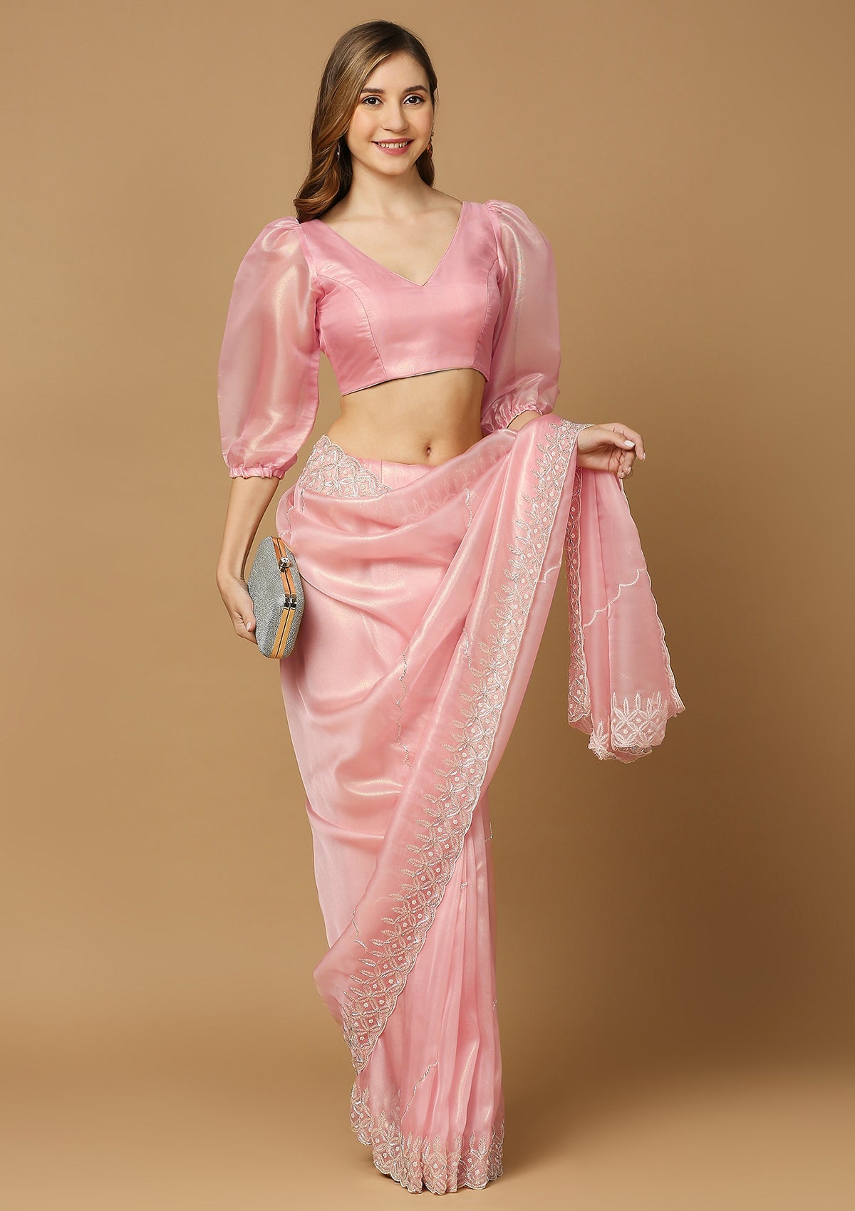 Pink Puff Sleeve Solid Saree Blouse