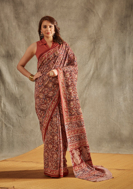 Maroon Cotton Kalamkari Saree