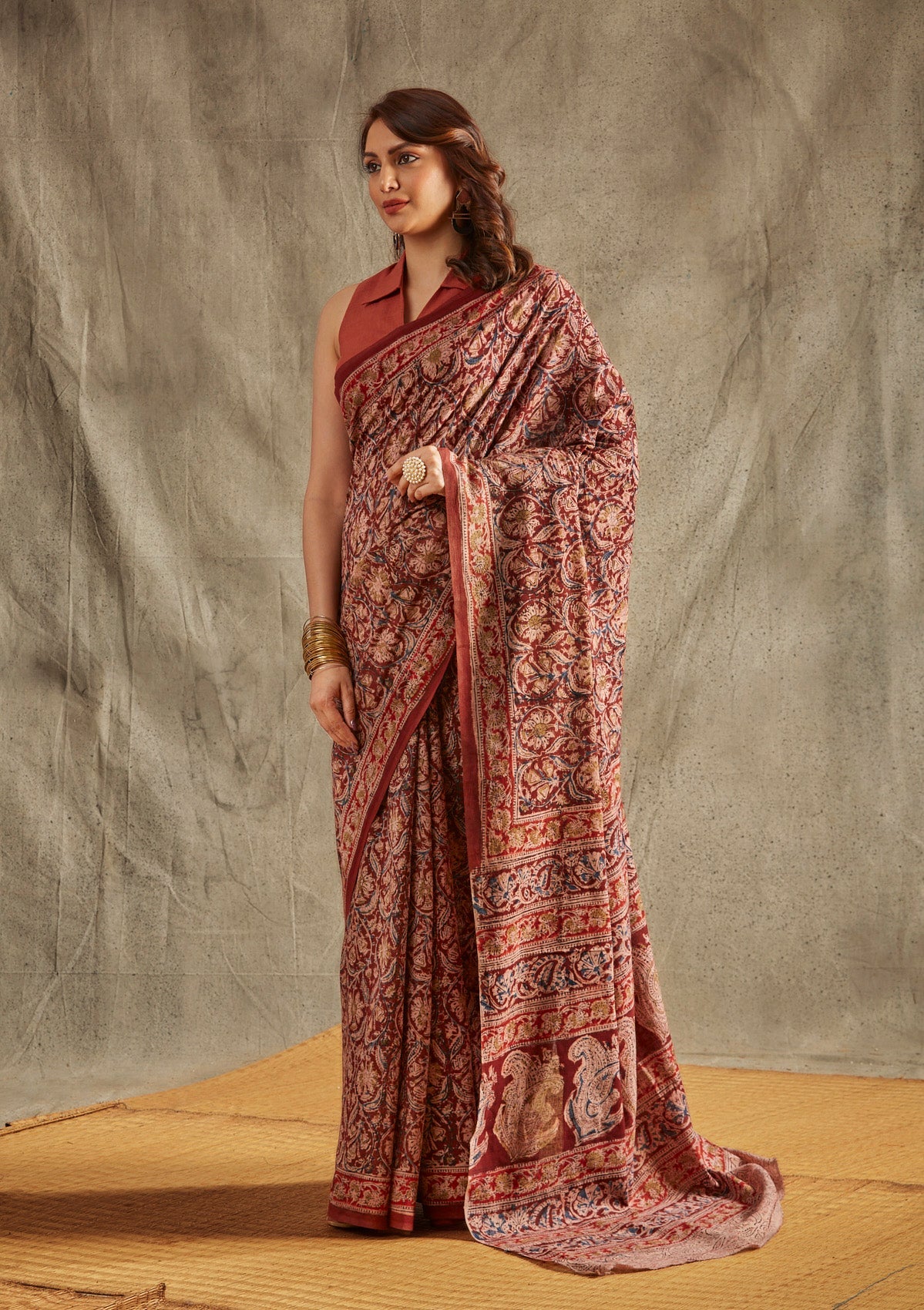 Maroon Cotton Kalamkari Saree