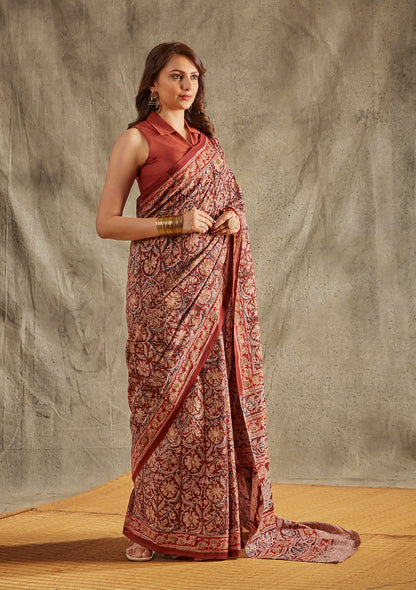 Maroon Cotton Kalamkari Saree