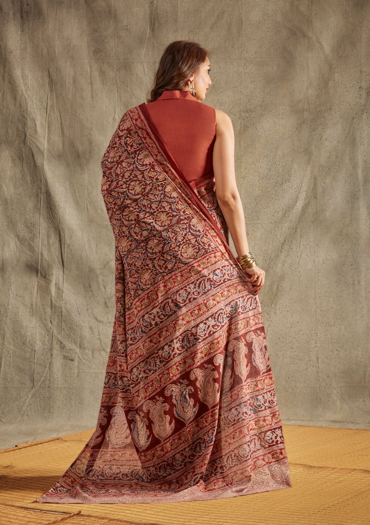 Maroon Cotton Kalamkari Saree