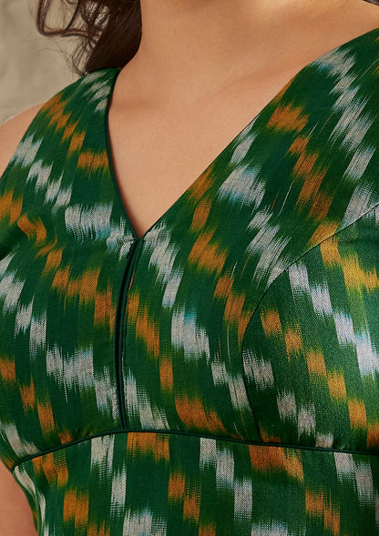 Green Cotton Sleeveless Readymade Blouse With V Neck