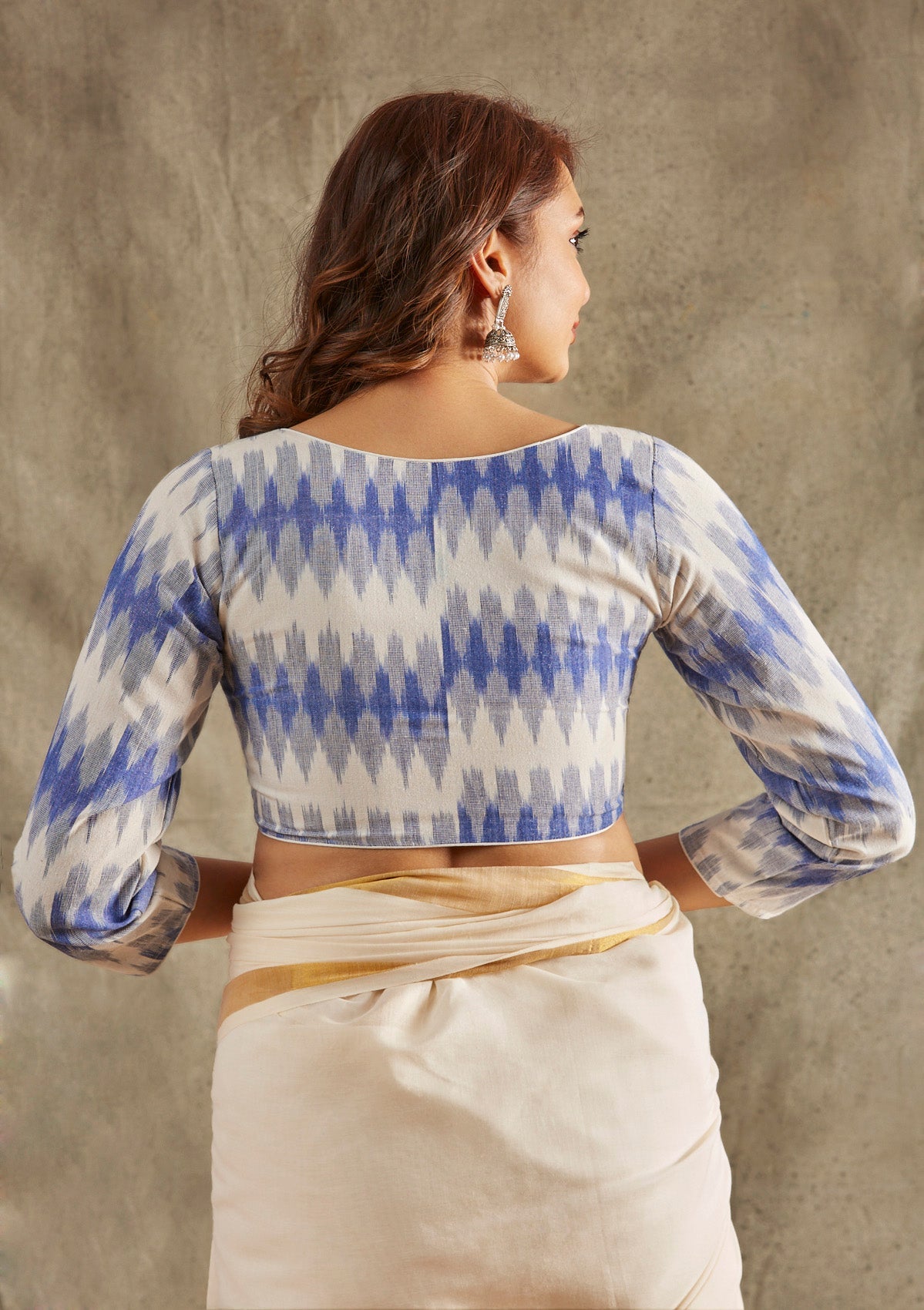 Blue & White Cotton V Neck Readymade Blouse