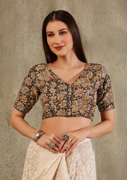 Beige & Brown Cotton V Neck Readymade Blouse