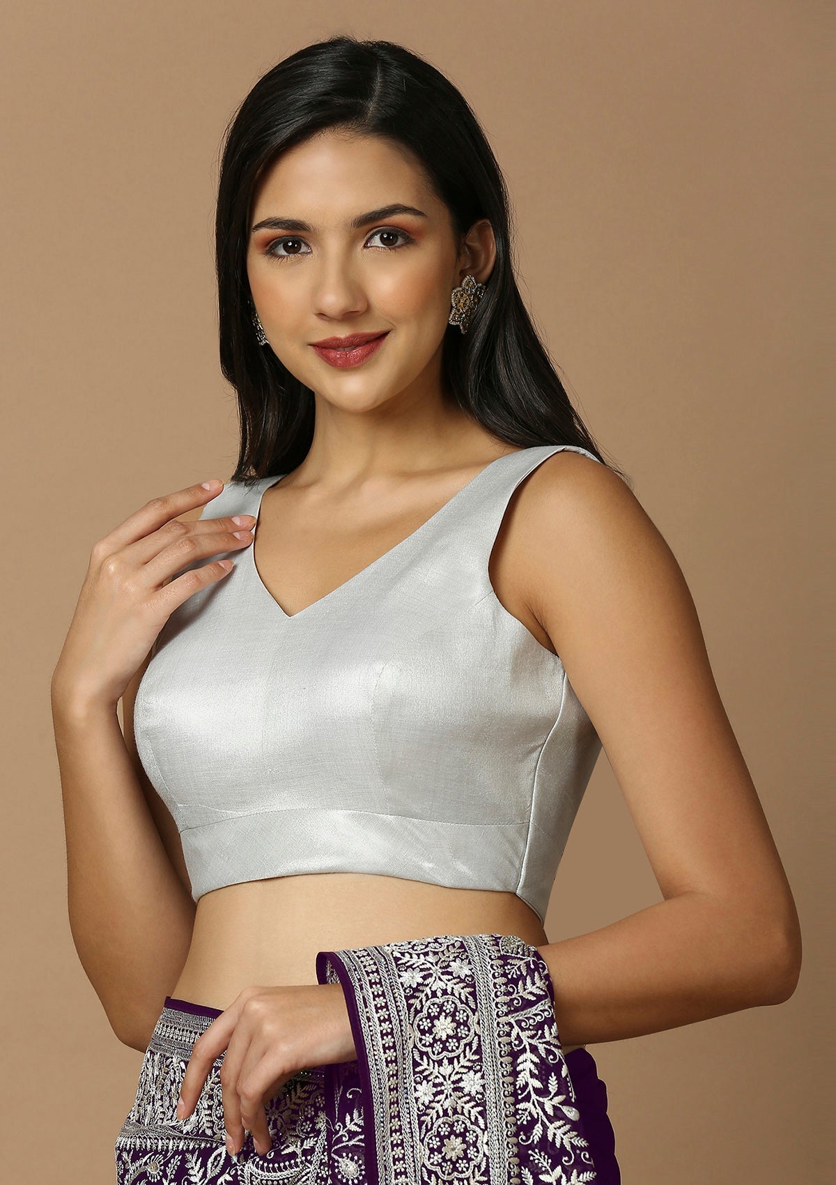 Silver Silk Sleeveless Readymade Blouse With V Neck