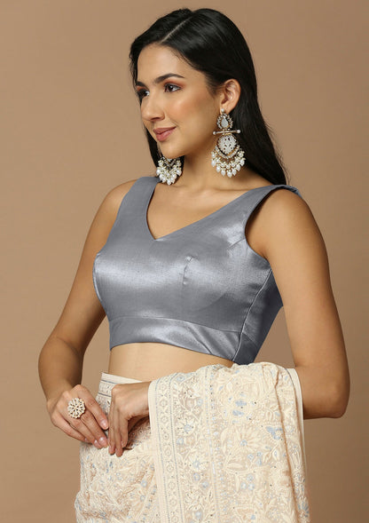 Grey Silk Sleeveless Readymade Blouse