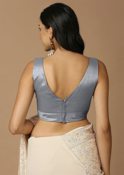 Grey Silk Sleeveless Readymade Blouse