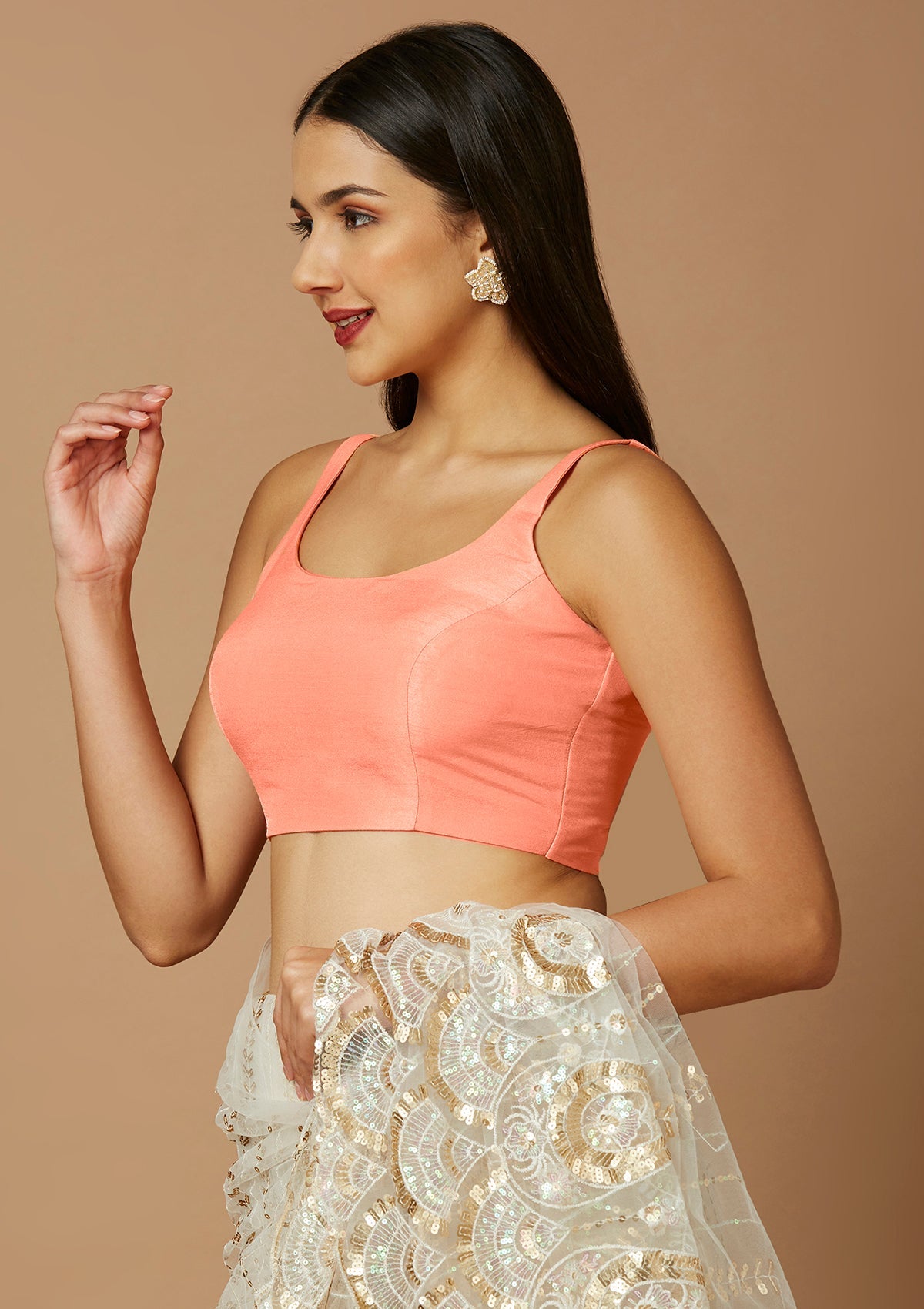 Peach Silk Sleeveless Readymade Blouse