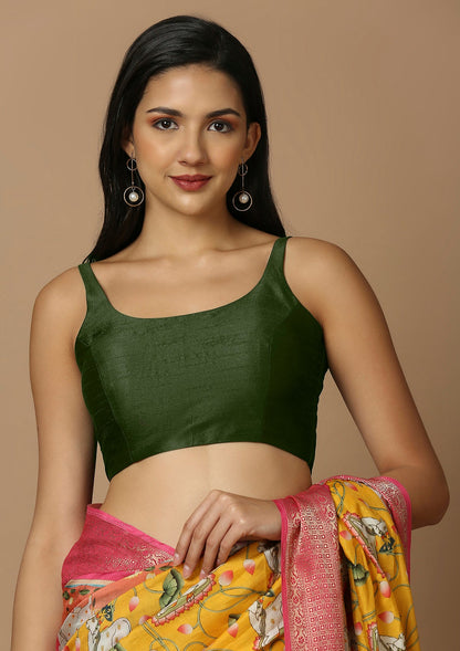 Green Silk Sleeveless Readymade Blouse With Round Neck