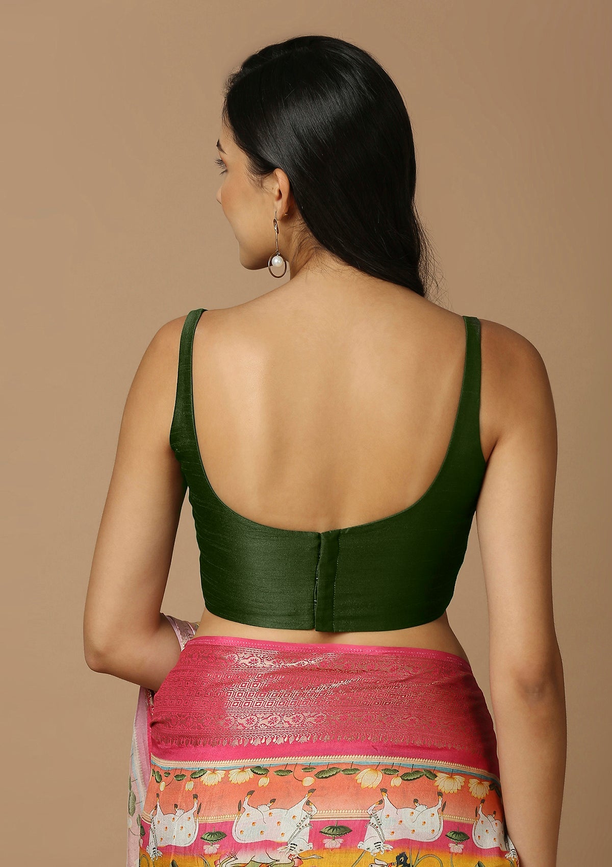 Green Silk Sleeveless Readymade Blouse With Round Neck