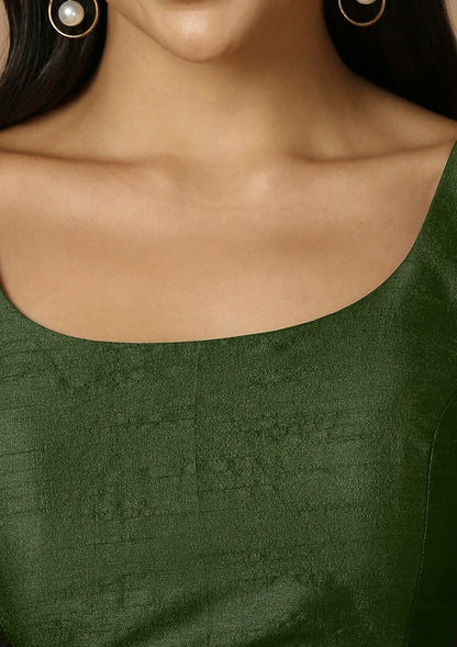 Green Silk Sleeveless Readymade Blouse With Round Neck