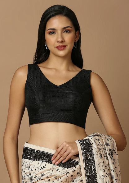 Black Silk Sleeveless Readymade Padded Blouse With V Neck