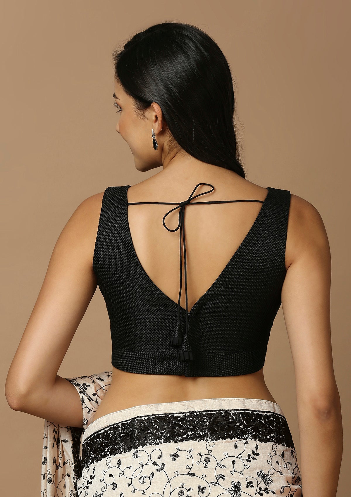 Black Silk Sleeveless Readymade Padded Blouse With V Neck