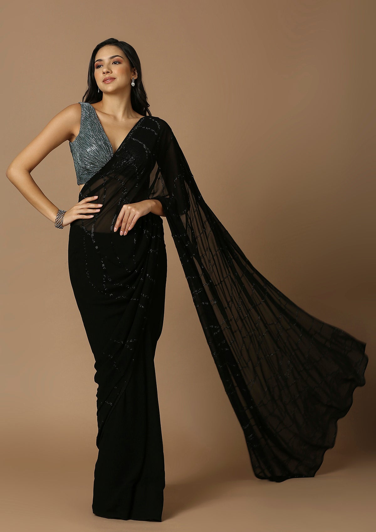 Black Shimmer Chiffon Draped Saree Design by KM By Kavita at Pernia's Pop  Up Shop 2024