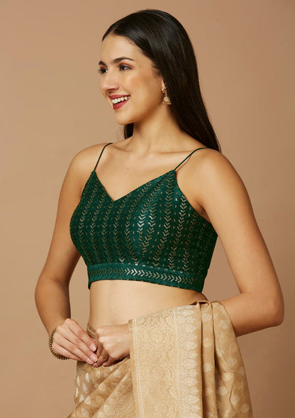 Green Silk Sleeveless Readymade Padded Blouse With V Neck