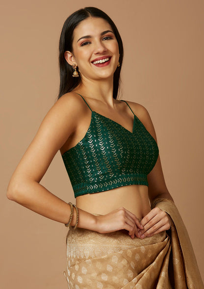 Green Silk Sleeveless Readymade Padded Blouse With V Neck