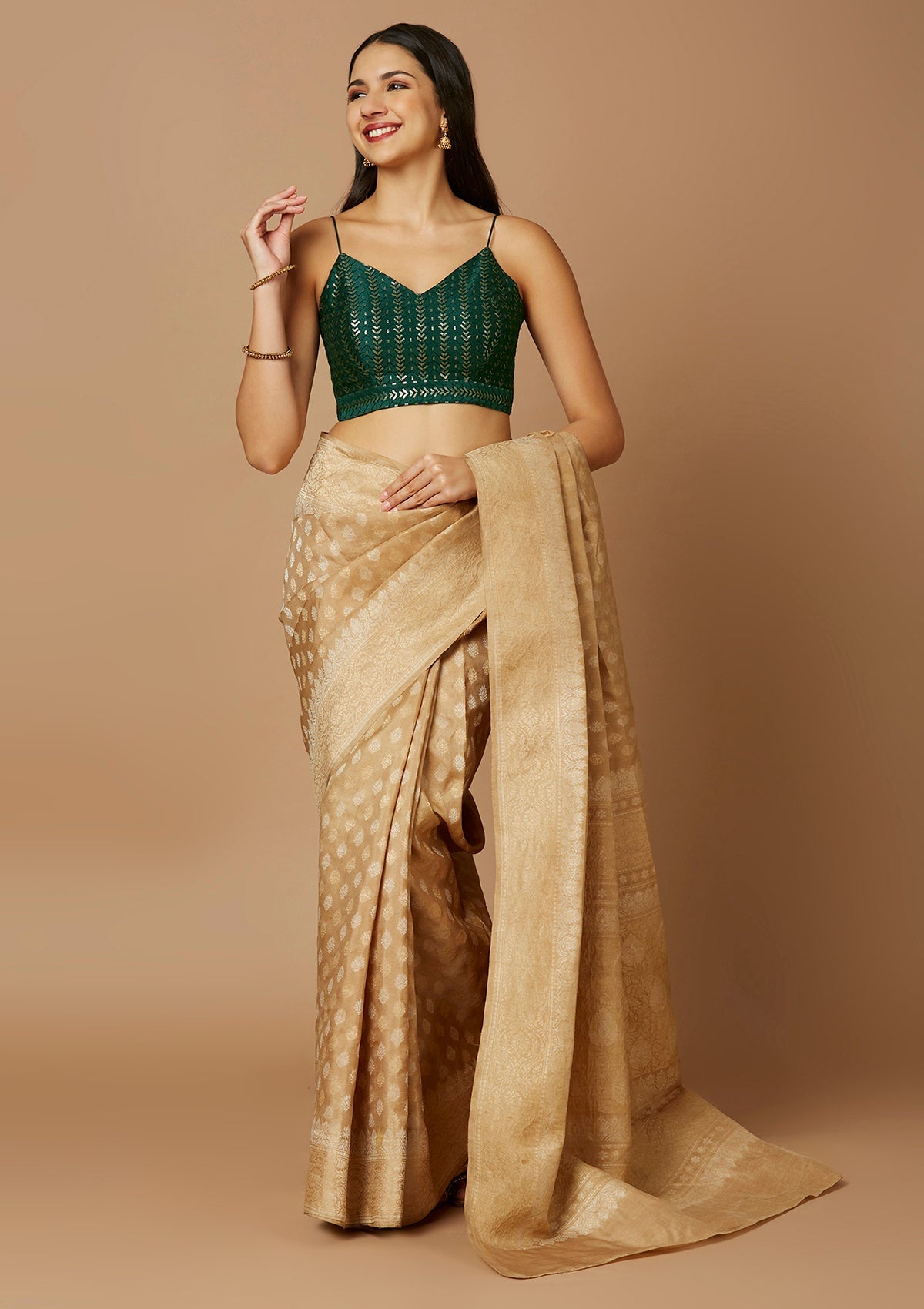 Green Silk Sleeveless Readymade Padded Blouse With V Neck