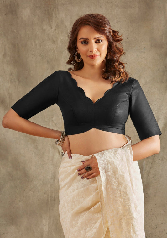 Black Linen Cotton V Neck Readymade Blouse