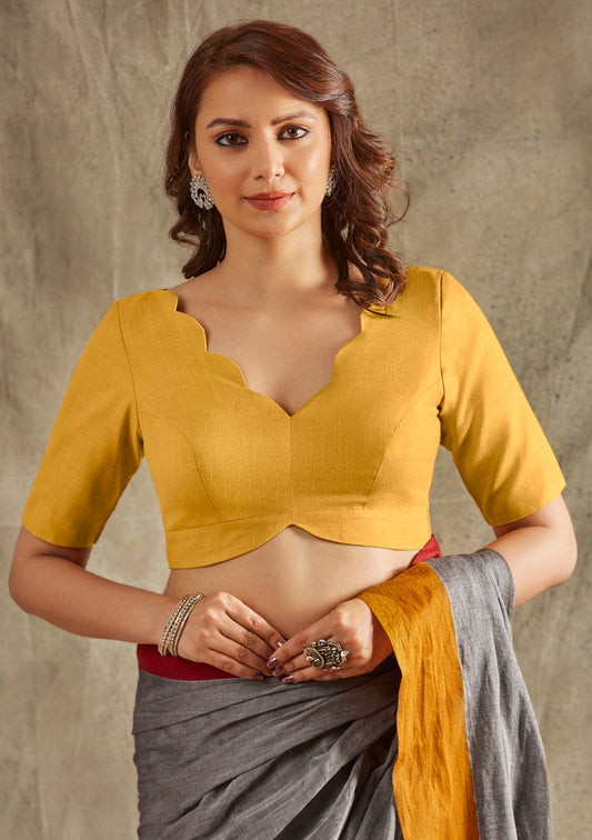 Yellow Linen Cotton V Neck Readymade Blouse