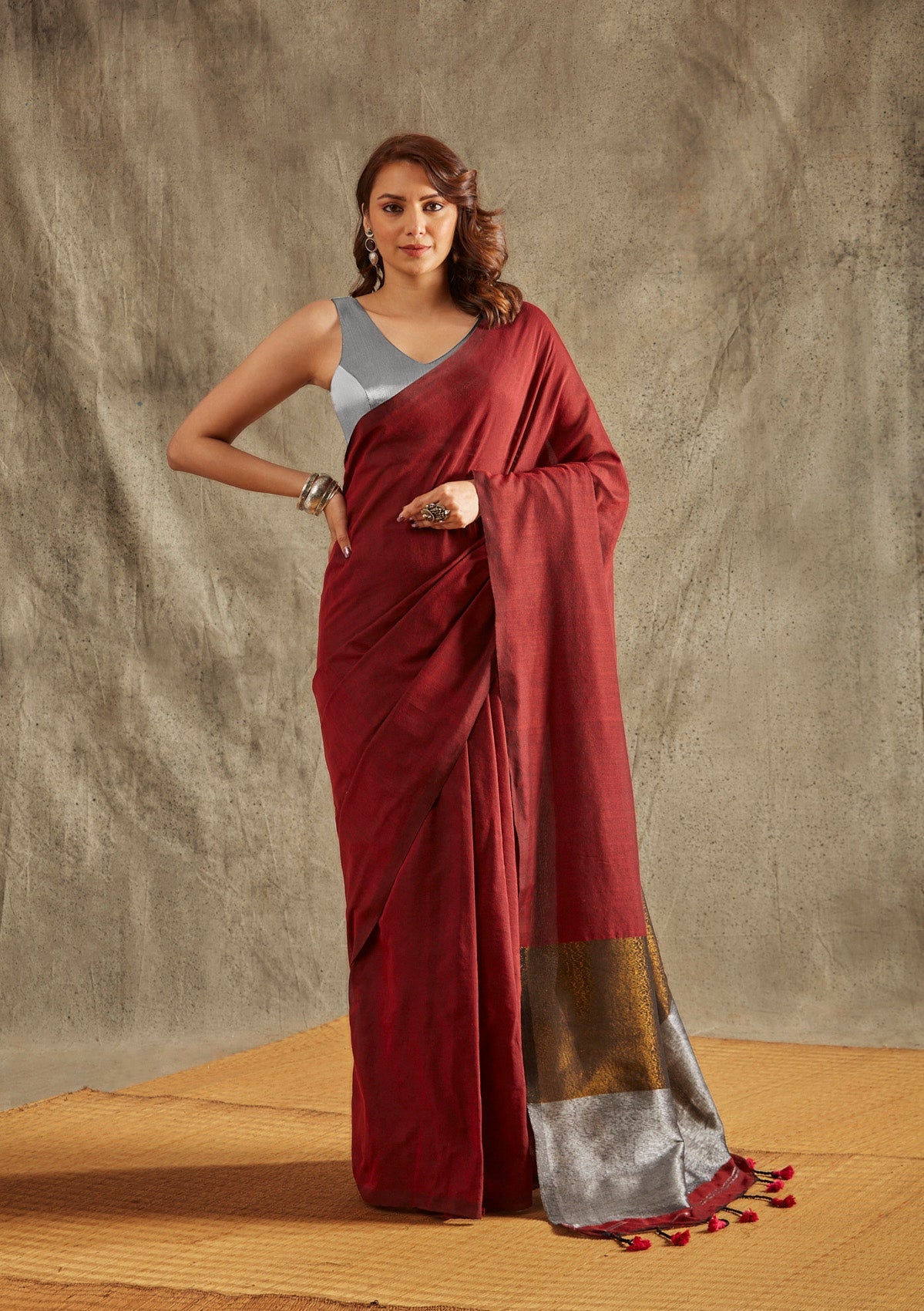 Maroon Cotton Saree