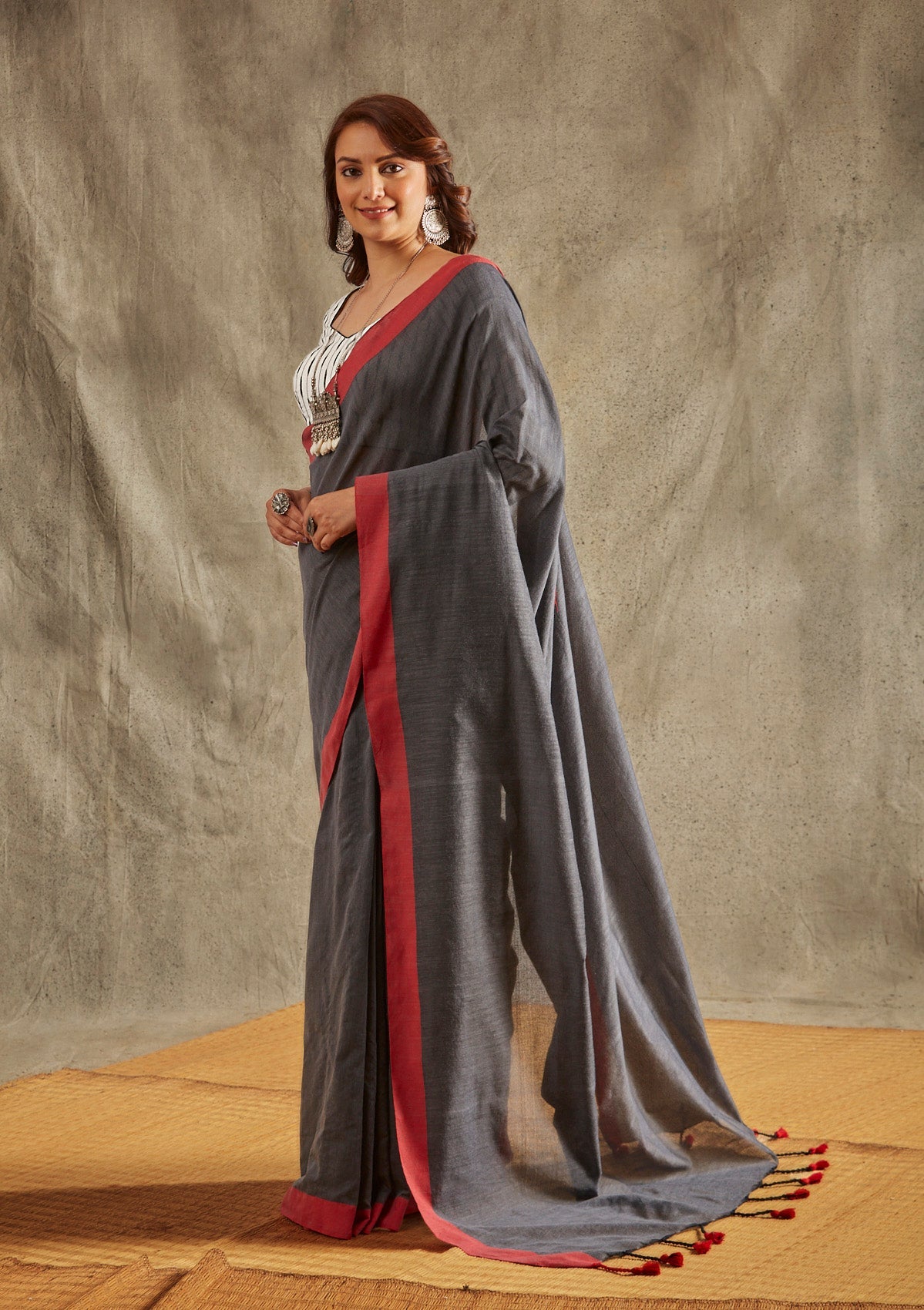 Grey Solid Cotton Saree