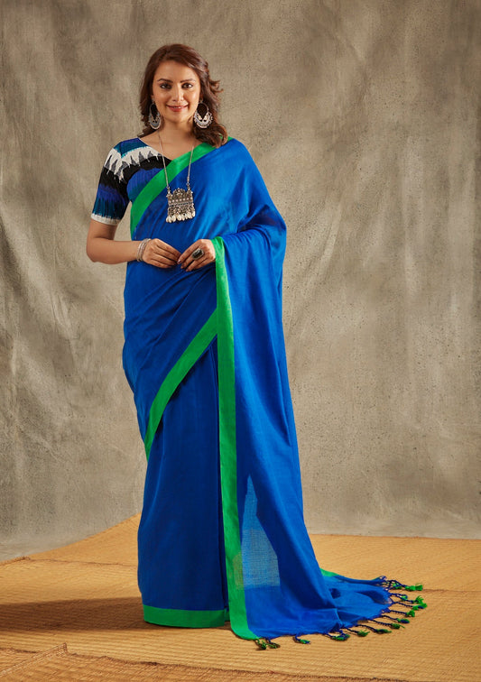 Blue Solid Cotton Saree