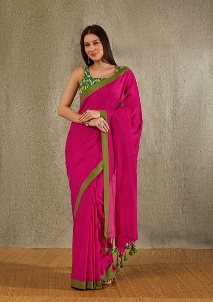 Pink Cotton Solid Saree