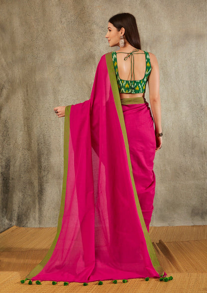 Pink Cotton Solid Saree