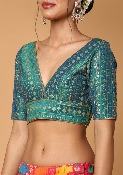 Green Silk V Neck Readymade Padded Blouse