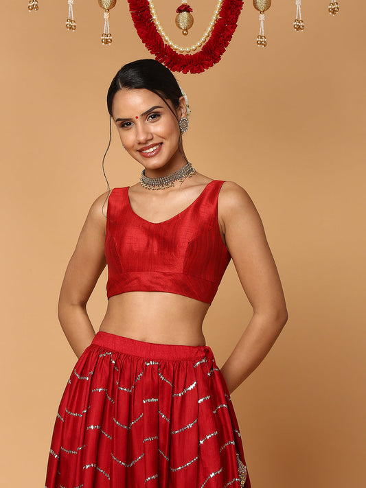 Red Silk Sleeveless Readymade Blouse With Sweetheart Neck