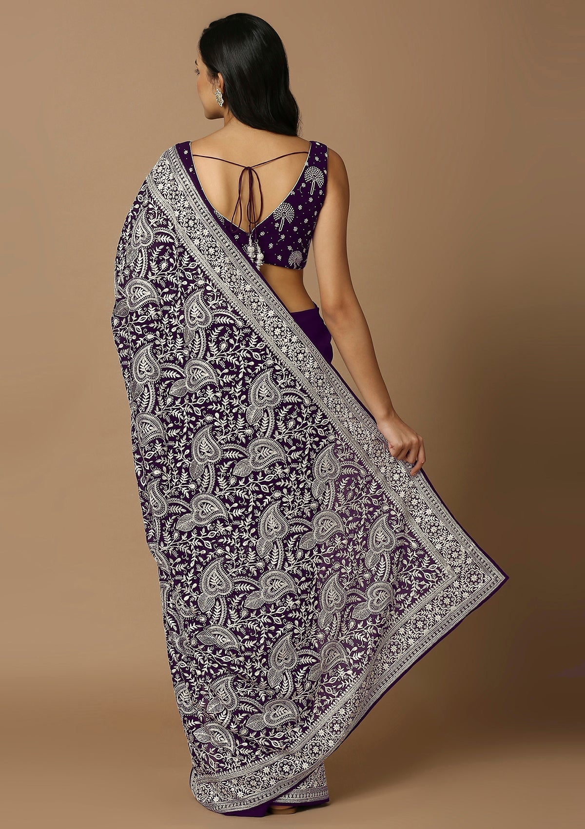 Purple & White Embroiderd Saree